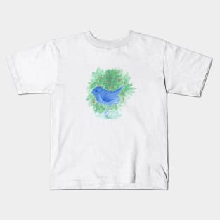 blue bird and shrub watercolor painting Kids T-Shirt